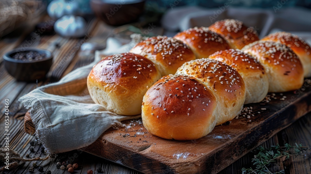 Freshly baked bread rolls arranged on a rustic wooden cutting board Freshly baked bread rolls arranged on a rustic wooden cutting board
