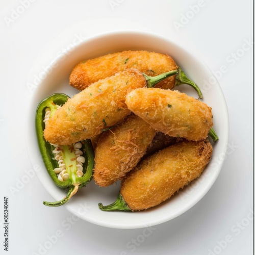 A white bowl on a table is filled with an assortment of crispy fried foods