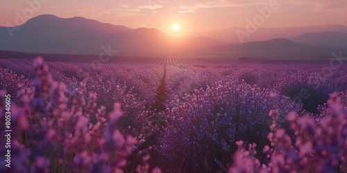 Beautiful lavender field at sunset with majestic mountains in the background, serene nature landscape scene