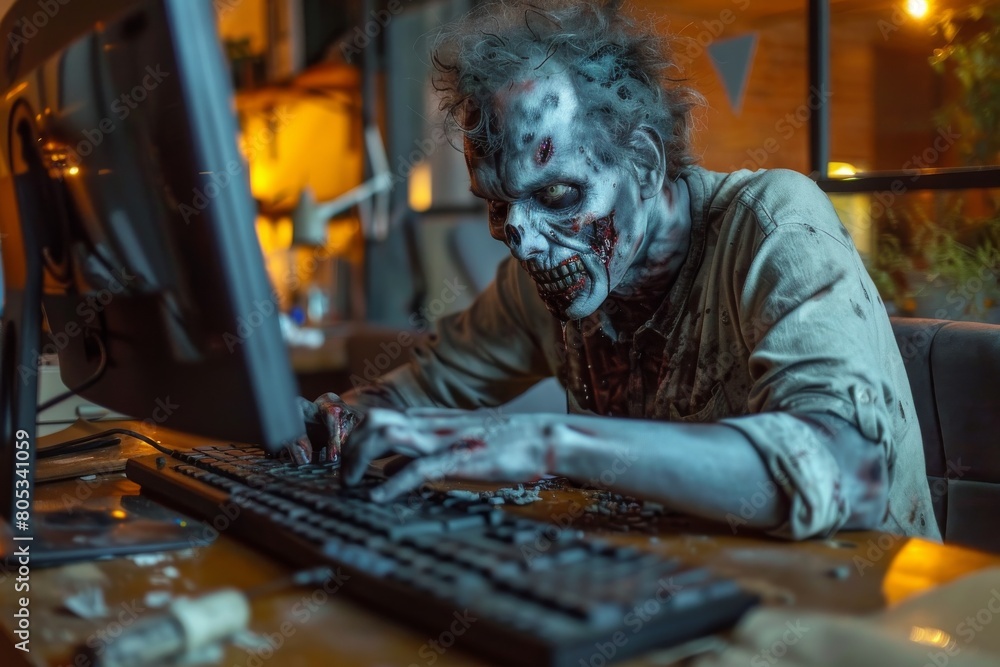 Creepy image of a zombie using a computer at night, creating a macabre workplace vibe Creepy image of a zombie using a computer at night, creating a macabre workplace vibe