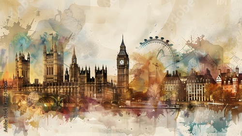 Painting Illustrations landmark famous in europe Big Ben, Westminster Bridge on River Thames in London, the UK.England. 