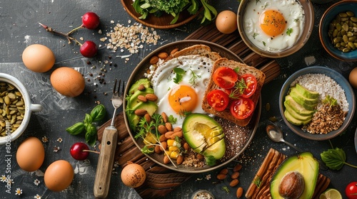 hearty breakfast spread with whole grain toast, eggs, and avocado for athletes