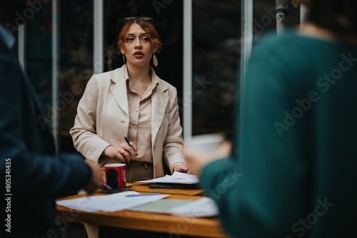 Focused business colleagues discussing strategy with documents on a wooden table in an office environment. © qunica.com