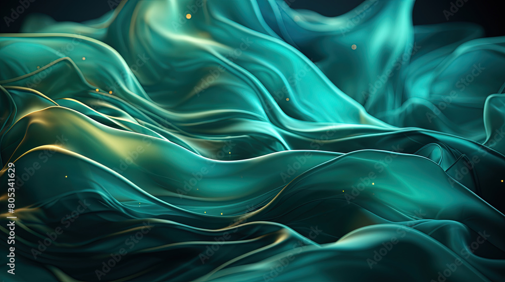 Obraz premium Heavenly Fluttering Green Color Silk Fabric in Space With Delicate Folds on Focus on Foreground