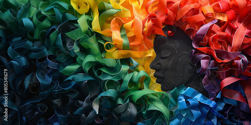 Black African woman and  Colorful ribbons embrace Africa. HIV/AIDS support, Black communities united