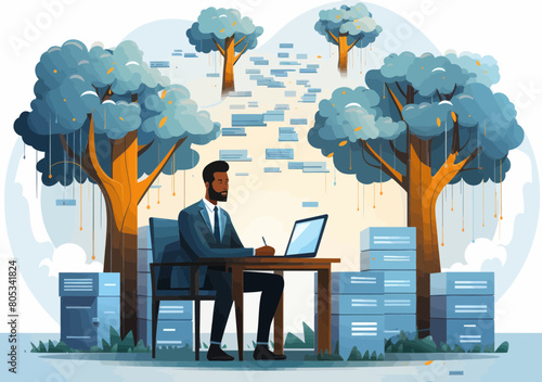 Male corporate executive sorts physical documents into archive folders, efficiently organizing office paperwork for data indexing and administration work