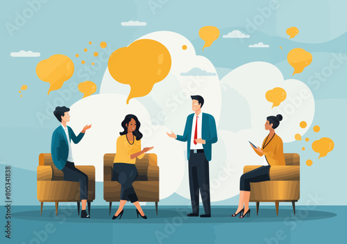 Professional diverse business team having conversation, discussing ideas in speech bubbles ? vector illustration of coworkers brainstorming, communicating concepts