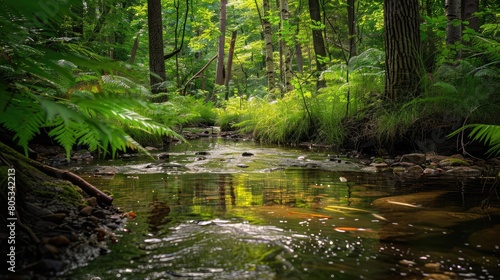 hidden woodland stream in a lush forest setting  with fish darting beneath the surface