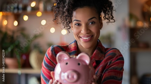 Woman Saves Money in Piggy Bank Happily photo
