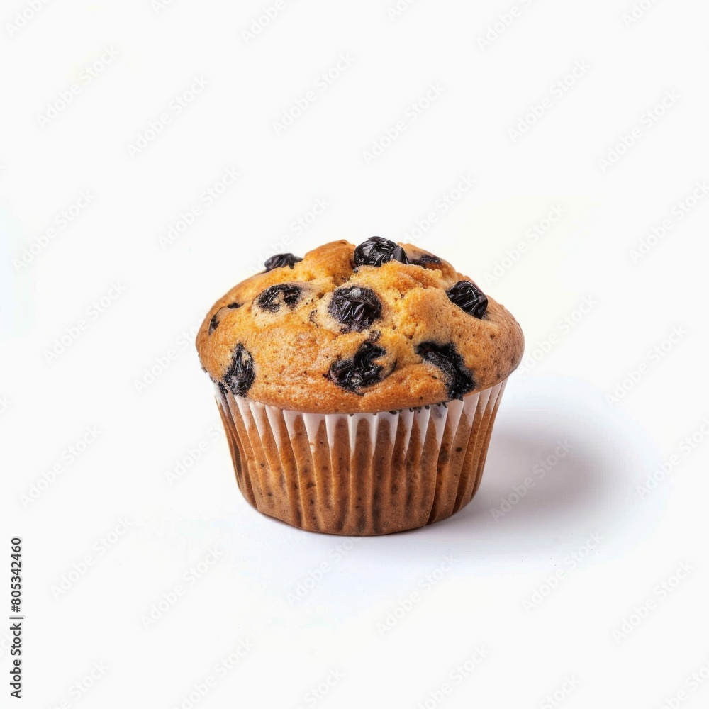 A blueberry muffin tantalizingly sits on a white table A blueberry muffin tantalizingly sits on a white table