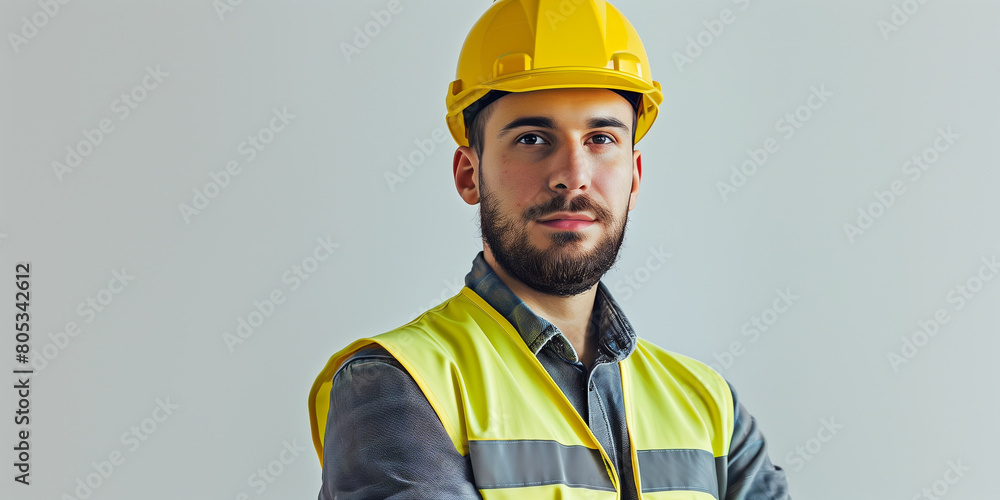 photo of a handsome 30 years old construction worker with yellow helmet and yellow vest clean and new clothes white background atural lighting photo of a handsome 30 years old construction worker with yellow helmet and yellow vest clean and new clothes white background atural lighting