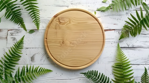 White wood background fern leaves and circle wooden plate © trimiati