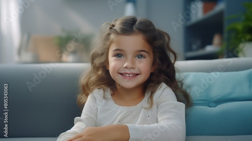 A cute little girl with long, wavy brown hair, dressed in blue, lounges comfortably on a sofa in a cozy living room, depicted in an illustration. Free Download A cute little girl with long, wavy brown hair, dressed in blue, lounges comfortably on a sofa in a cozy living room, depicted in an illustration. - GFXLoad