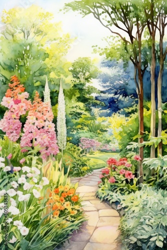 Watercolor depiction of a quiet summer garden  inviting colors  vibrant color
