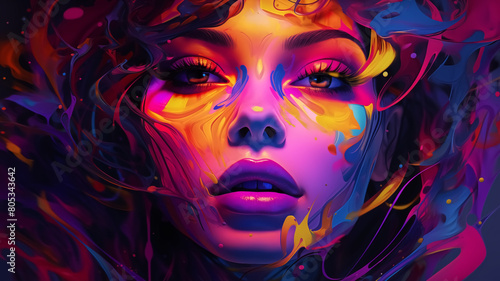 Stunning digital portrait of a woman surrounded by swirling neon colors and abstract patterns, evoking intense emotion and creativity. 