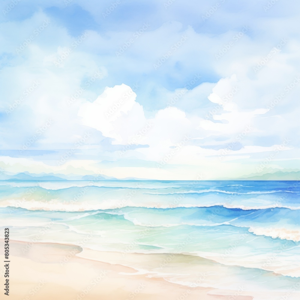 Watercolor illustration of a serene summer beach, soft pastel colors dominating the serene seascape, soft color Watercolor illustration of a serene summer beach, soft pastel colors dominating the serene seascape, soft color