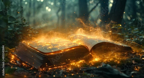 Magical book open in a forest clearing casting spells photo