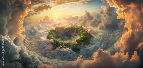 In the heart of a swirling cloud vortex, a serene paradise reveals itself, with lush, untouched landscapes floating above the sky. The clouds form a dynamic, ever-changing atmosphere, 
