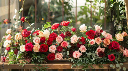 Assorted roses in vibrant colors arranged elegantly on a floral shop display. Close-up photography of fresh multi-colored roses for design and print. Floral arrangement concept with copy space