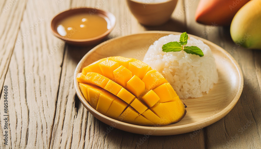 Close-up of mango sticky rice, Thai dessert. Sweet food. Tasty treat. Culinary concept