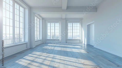 A large bright room with lots of windows in a minimalist style. Empty light room interior. real estate concept