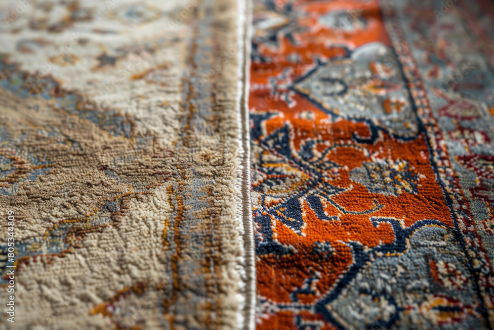 Detail of a beige and orange oriental rug with intricate patterns. Close-up textile design for interior decoration and print. Home decor concept with classic style Detail of a beige and orange oriental rug with intricate patterns. Close-up textile design for interior decoration and print. Home decor concept with classic style
