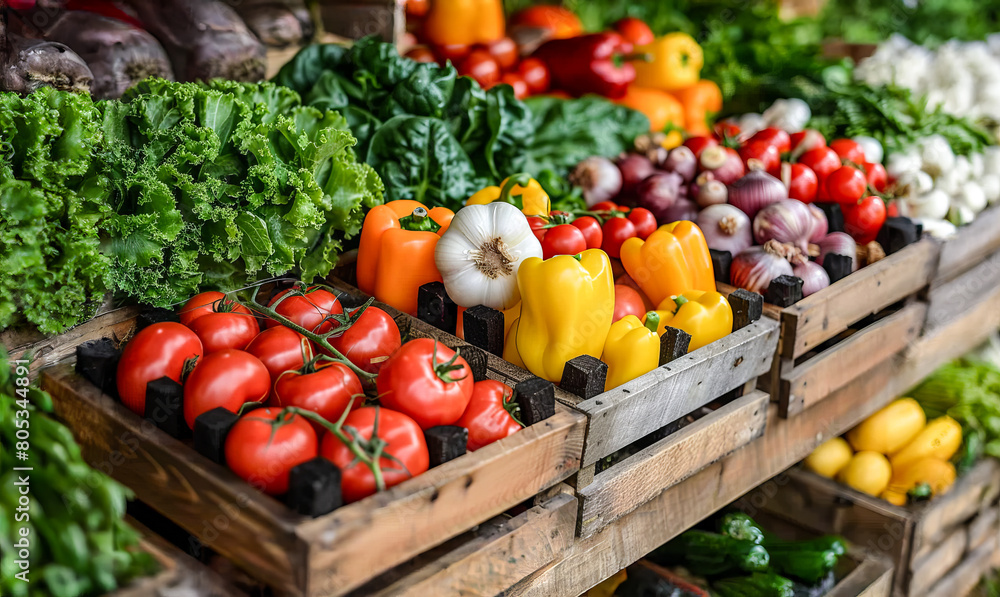 Variety of fresh vegetables in wooden boxes on the market stall. Variety of fresh vegetables in wooden boxes on the market stall.