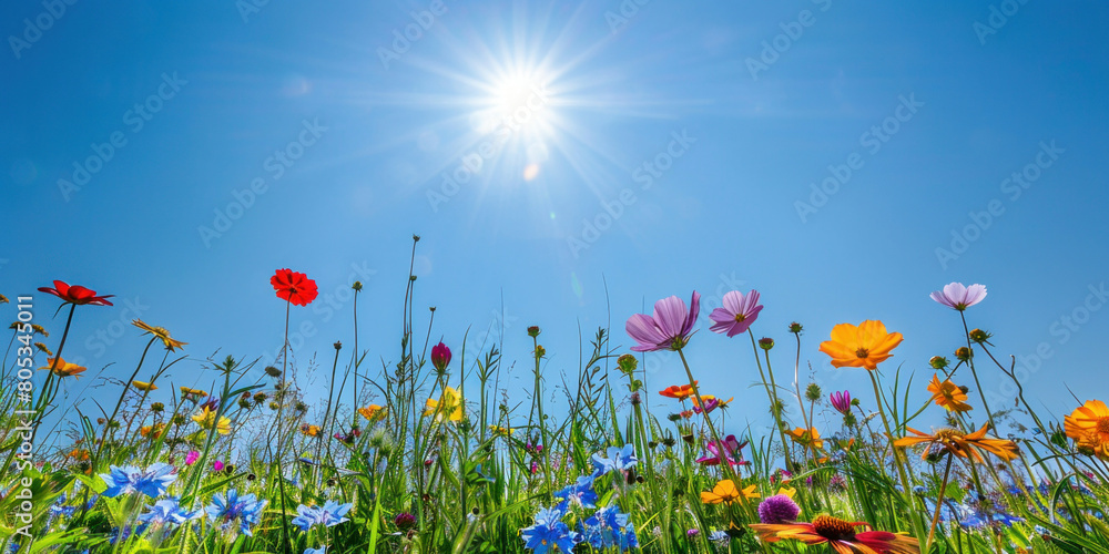 Vibrant Wildflowers Under the Bright Sunlight in a Lush Field of Beauty and Serenity