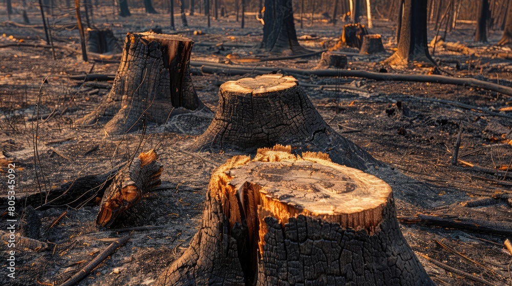 Scorched earth and blackened tree stumps after a forest fire