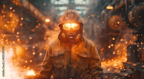 Atmospheric and gritty scene of a metal workshop with sparks flying and workers in protective gear photo