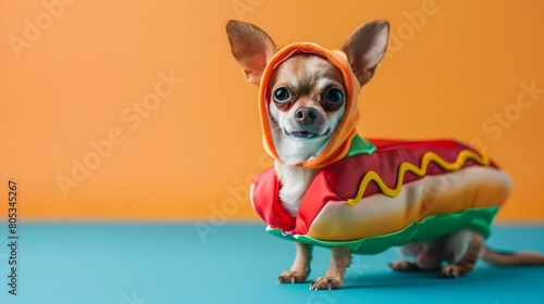 Vibrant Chihuahua in Quirky Hot Dog Costume Humorous and Engaging Photo Concept © vanilnilnilla