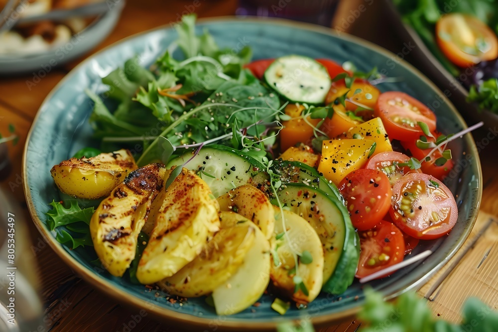 Healthy eating plate. Baked potatoes, fresh vegetables, arugula. Aesthetics of proper nutrition, beautiful serving