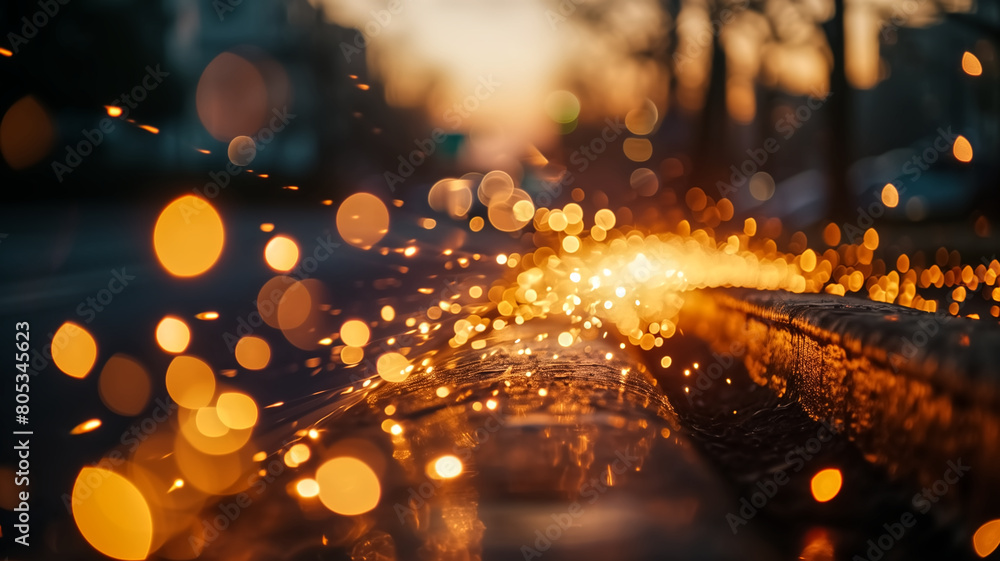 Obraz premium Vivid golden bokeh lights sparkle on a wet city street, creating a magical and atmospheric urban scene at dusk. 