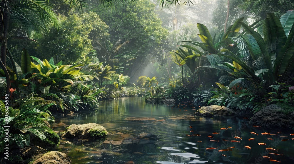 serene forest stream surrounded by lush vegetation, with fish darting among the rocks serene forest stream surrounded by lush vegetation, with fish darting among the rocks