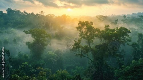 serene sunrise over a lush forest with bird nests nestled in the trees photo