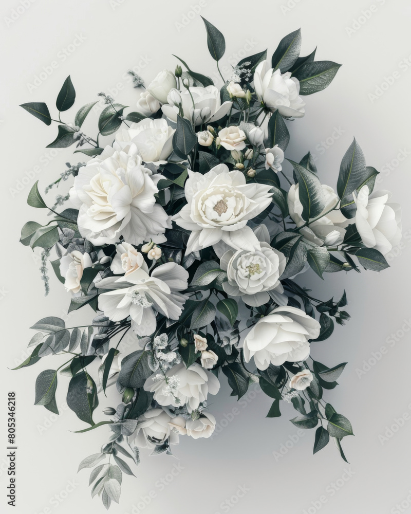 3D rendered luxury wedding flower bouquet with creative details, ad mockup isolated on a white and gray background.
