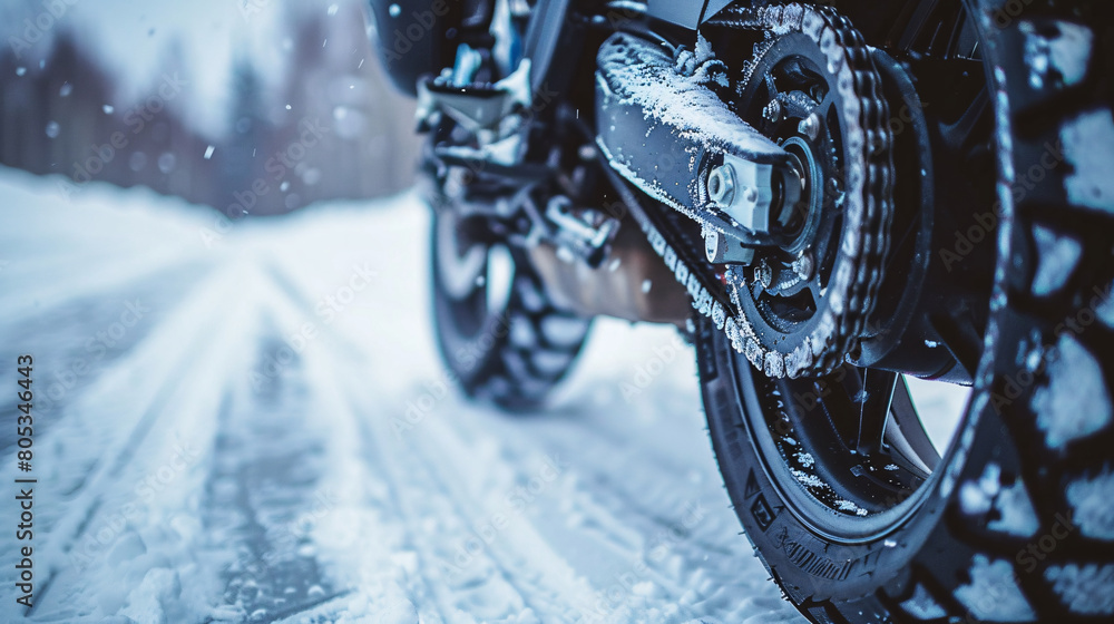 Close-up of Snow Covered Winter Tire Tread on Motorcycle
