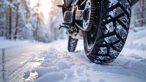 Close-up of Snow Covered Winter Tire Tread on Motorcycle 