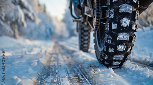 Close-up of Snow Covered Winter Tire Tread on Motorcycle  © C