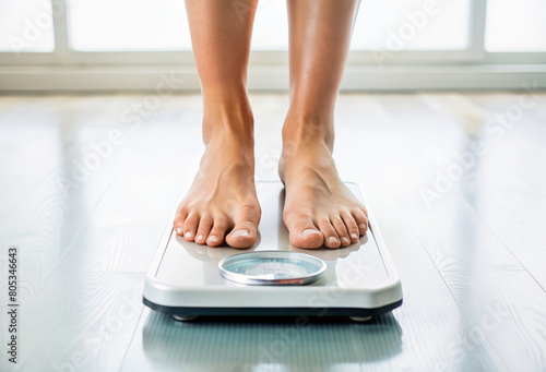 female legs standing on scales. woman watching her weight
