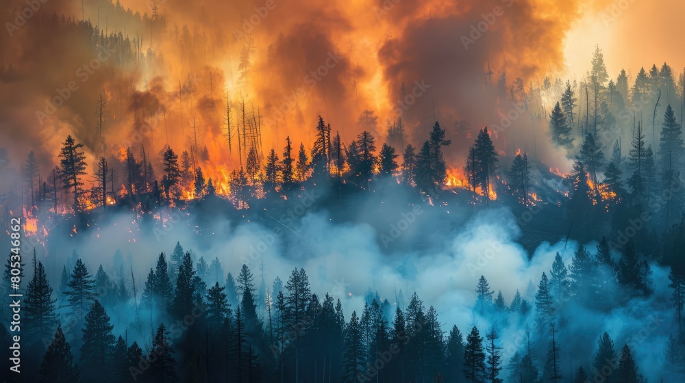 Thick smoke billowing from a forest fire as flames consume trees Stock ...