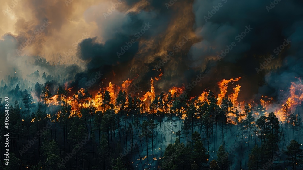 Fototapeta premium Thick smoke billowing from a forest fire as flames consume trees