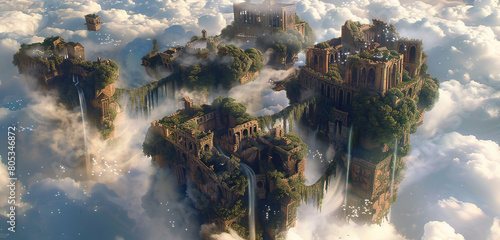 High above, where the sky meets fantasy, a series of islands float amidst whirlwind clouds. These islands boast ancient, rune-covered ruins, overgrown with ivy,  photo