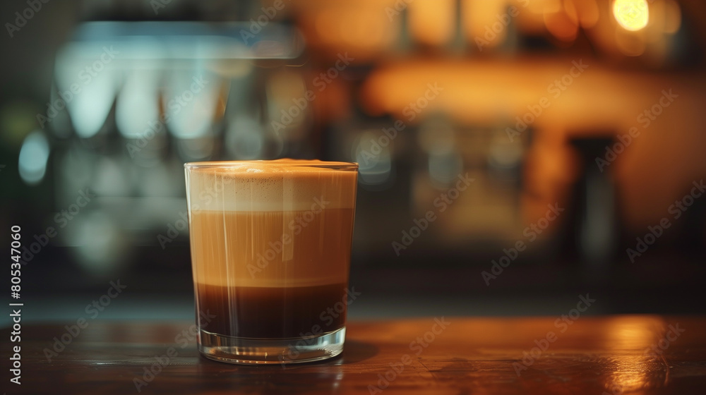 In a minimalist cafe ambiance, a striking shot captures the layers of foam atop dark coffee in a Macchiato, evoking boldness. In a minimalist cafe ambiance, a striking shot captures the layers of foam atop dark coffee in a Macchiato, evoking boldness.