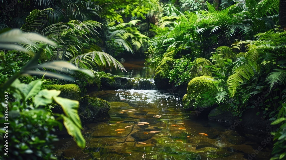 tranquil forest stream meandering through lush greenery with fish swimming gracefully tranquil forest stream meandering through lush greenery with fish swimming gracefully