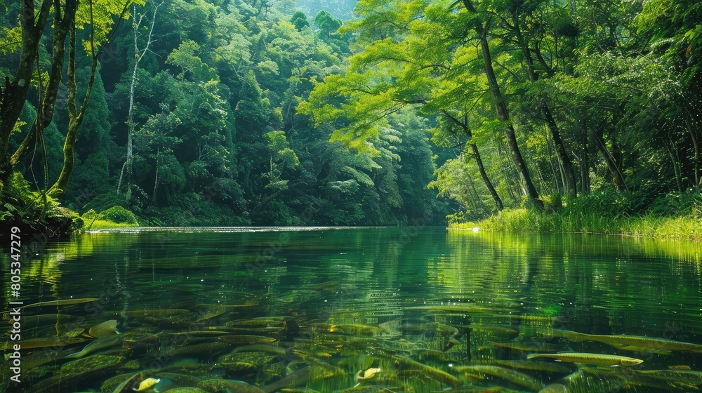 tranquil river flowing through a dense forest, its depths harboring diverse fish species tranquil river flowing through a dense forest, its depths harboring diverse fish species