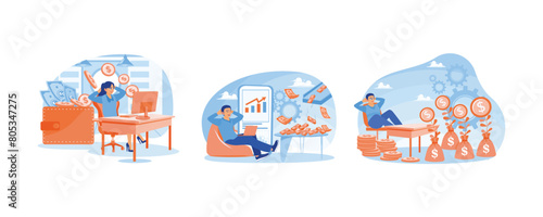 Work online. Make money from the internet. Earn money online. Passive income concept. Set flat vector illustration.