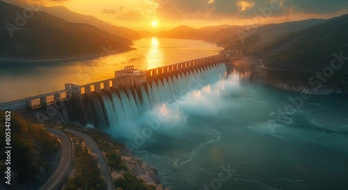 Aerial view of a large hydroelectric dam at sunrise, water glistening, vast and powerful photo