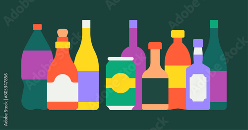 Aperitif drinks scene. Bar flat vector illustration. Composition of a set of colored bottles.