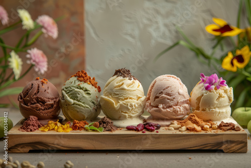 Assorted ice cream flavors on wooden plank with flowers and spices backdrop. Gourmet dessert presentation. Ice cream tasting concept for design and print. Detail food photography with copy space